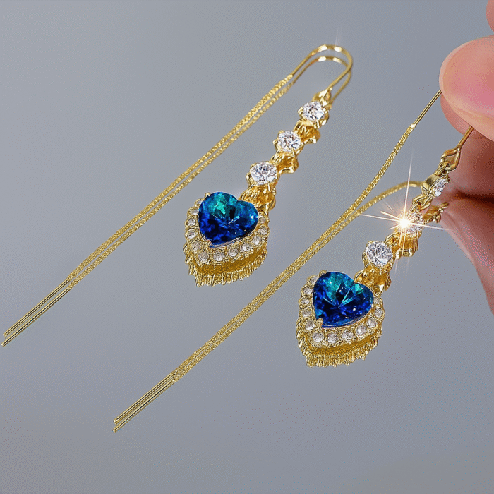 Exquisite Blue Heart Shape Zircon Earrings For Women Luxury Long Tassel Ear Line Dangle Earring Wedding Party Jewelry For Women